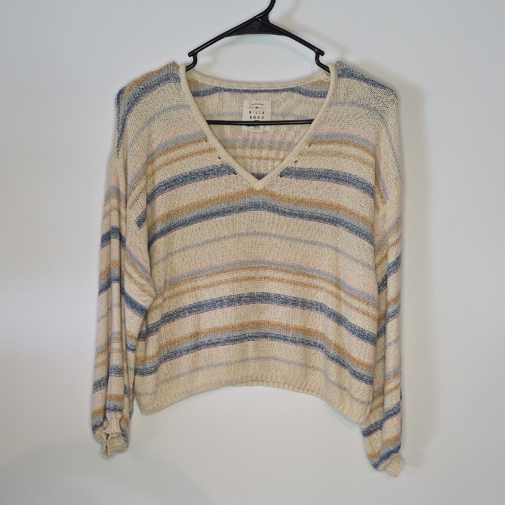 Billabong V-Neck Sweater in Cream, Blue, and Tan